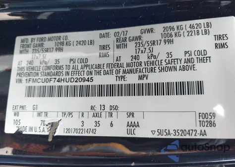 2017 Ford Escape S from USA, damaged, VIN 1FMCU0F79HUA35643